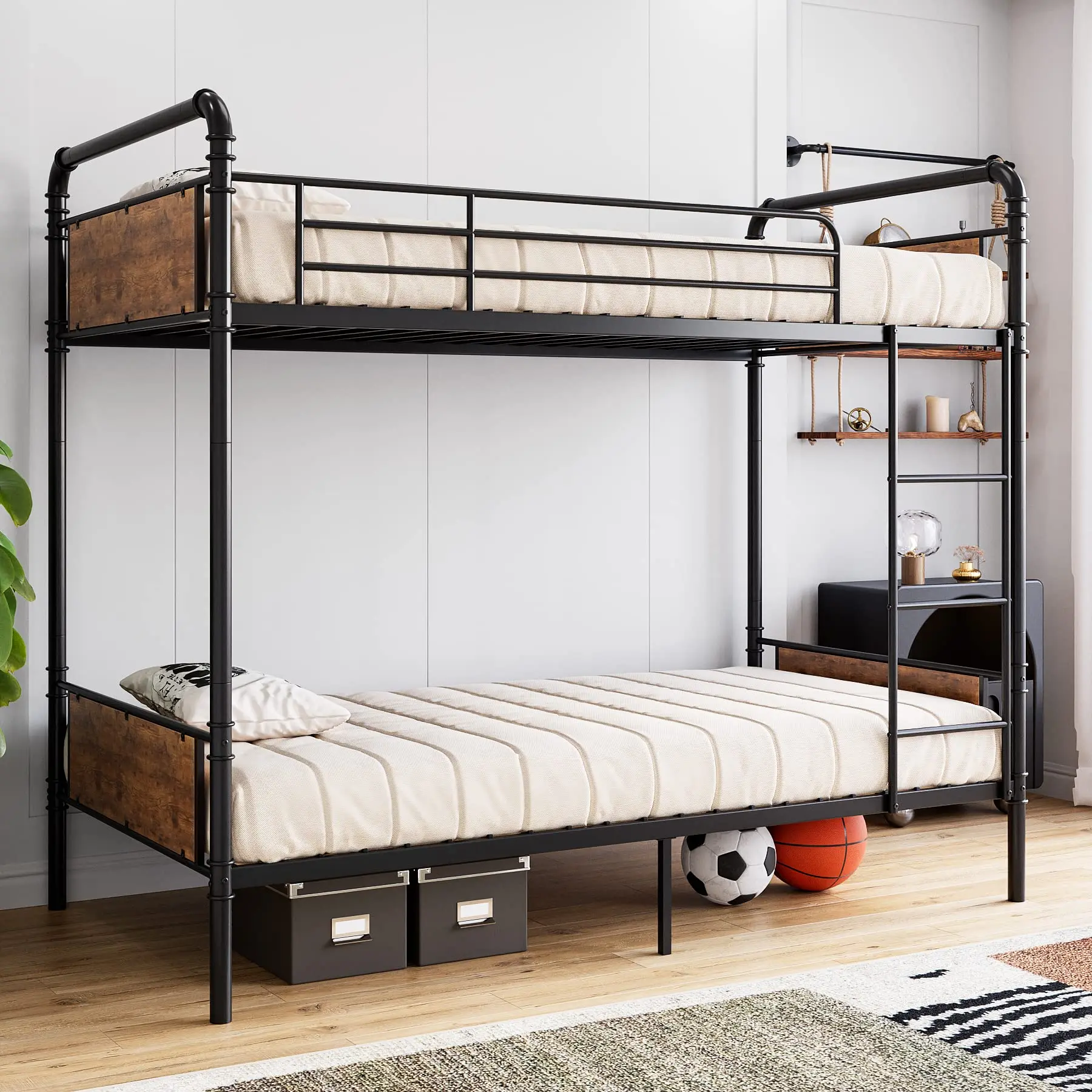 GARVEE Industrial Twin Over Twin Bunk Bed,Convertible to 2 Separate Single Beds,Sturdy Metal Bunk Bed,Detachable Ladder & High Safety Guardrails for Safety,Space-Saving Design,Black