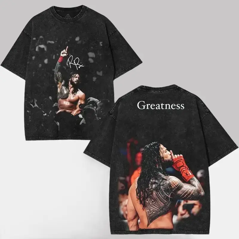 WWE Roman Reigns Washed Cotton Oversized T-Shirt - Premium Seamless Wrestling Inspired Graphic Tee for Menswear Shirts Men