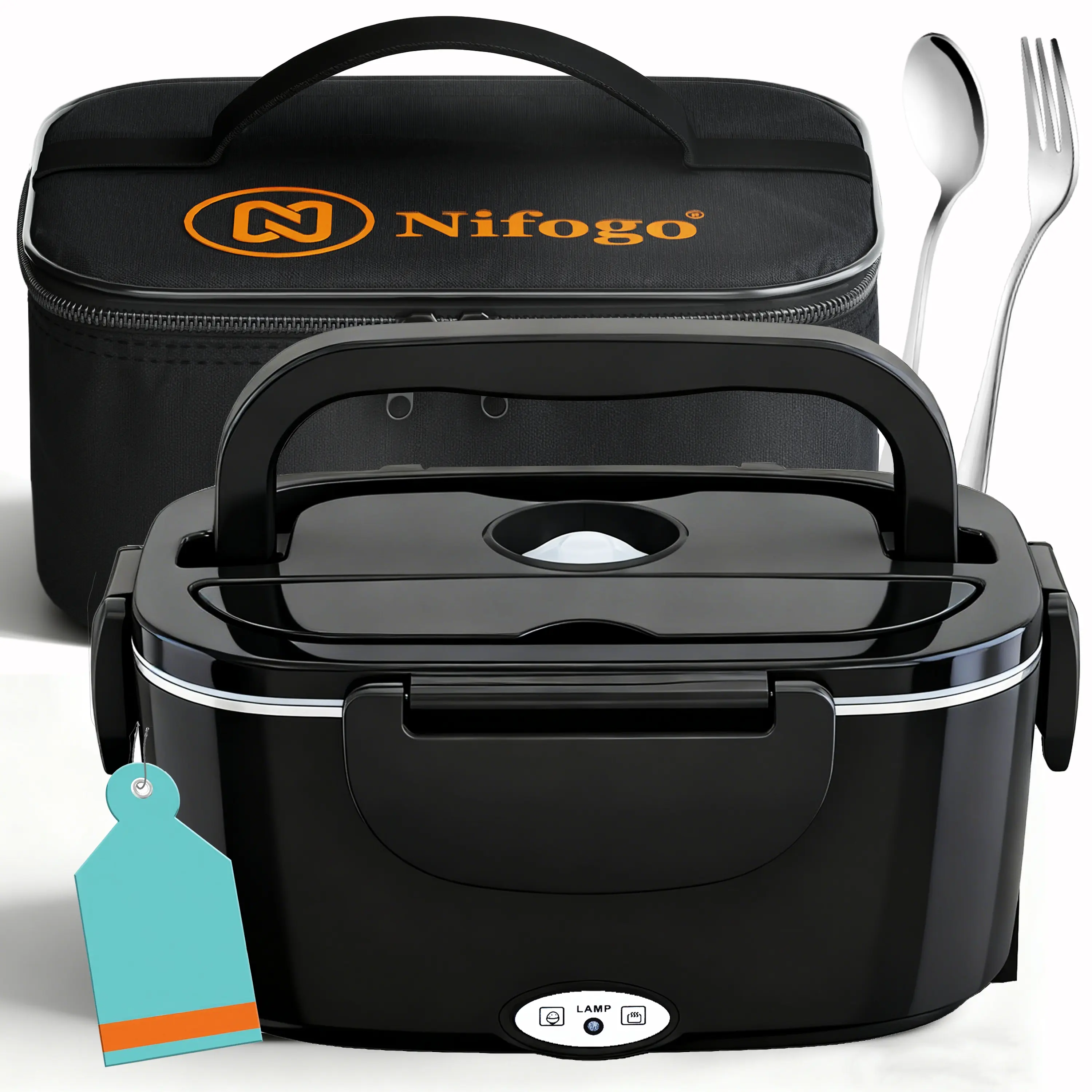 80W High Power Self Heating Lunchbox for Adults - 1.5L 304 Food Grade Stainless Steel Heated Lunch Box with Digital Display, Multi-Voltage 12V-24V-110V, Sleek Black Square Leakproof Portable Bag for Office, On-the-Go Meals (Office Lunch Stays Warm), Therm