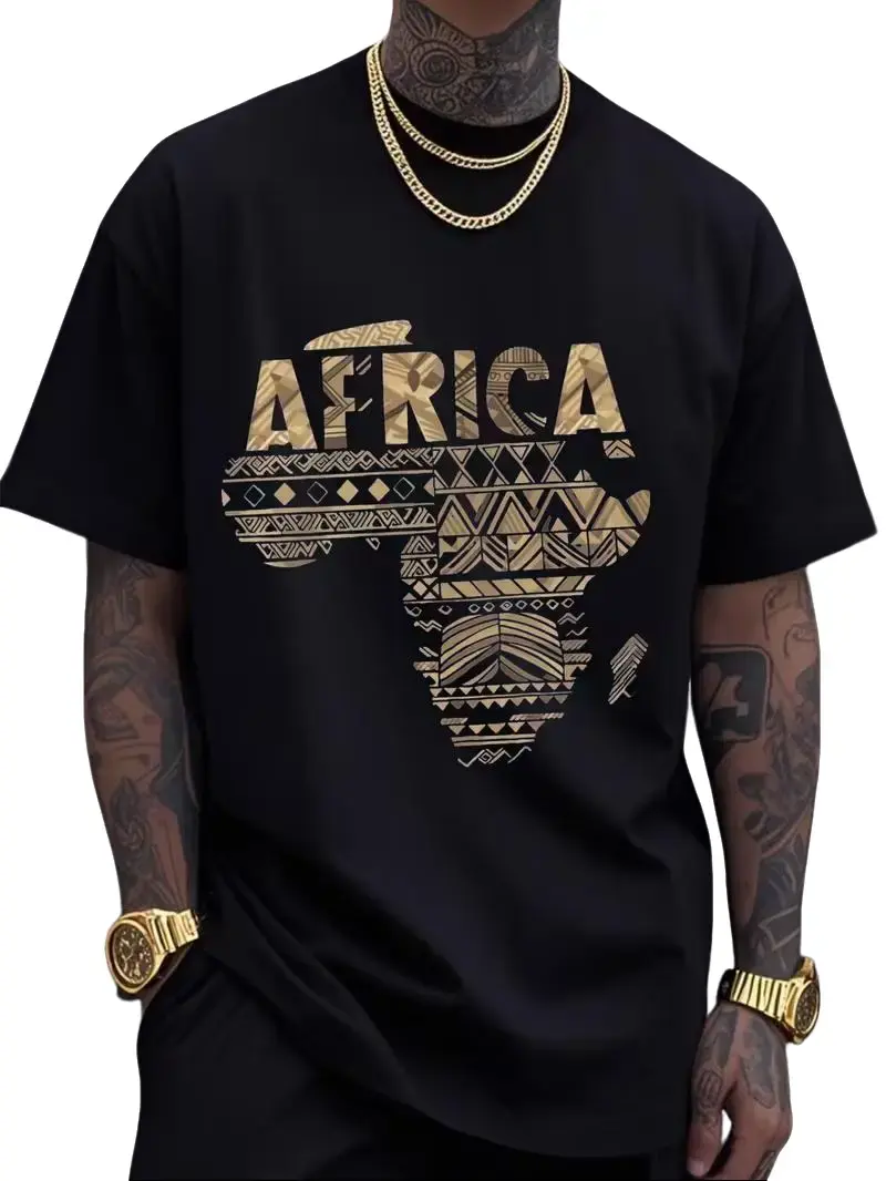 Men's Pure Cotton Oversized Loose Cut Round Neck Black T-Shirt - Metallic Golden Tribal Traditional Geometric Africa Map & AFRICA Letter Print, Vintage All-Season Casual Wear, Cultural Heritage Gift