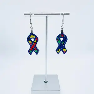 Autism Ribbon Awareness Earrings - Colorful Puzzle Design