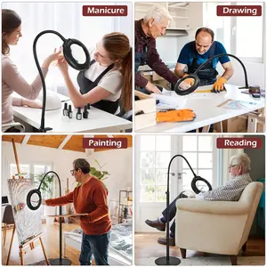 1 10x magnifying glass with lamp and bracket, 24 inch flexible gooseneck tube, 5 color modes of stepless dimming and amplification floor lamp, 3-in-1 adjustable lighting magnifying glass, hands-free technology for painting, sewing, and close range work
