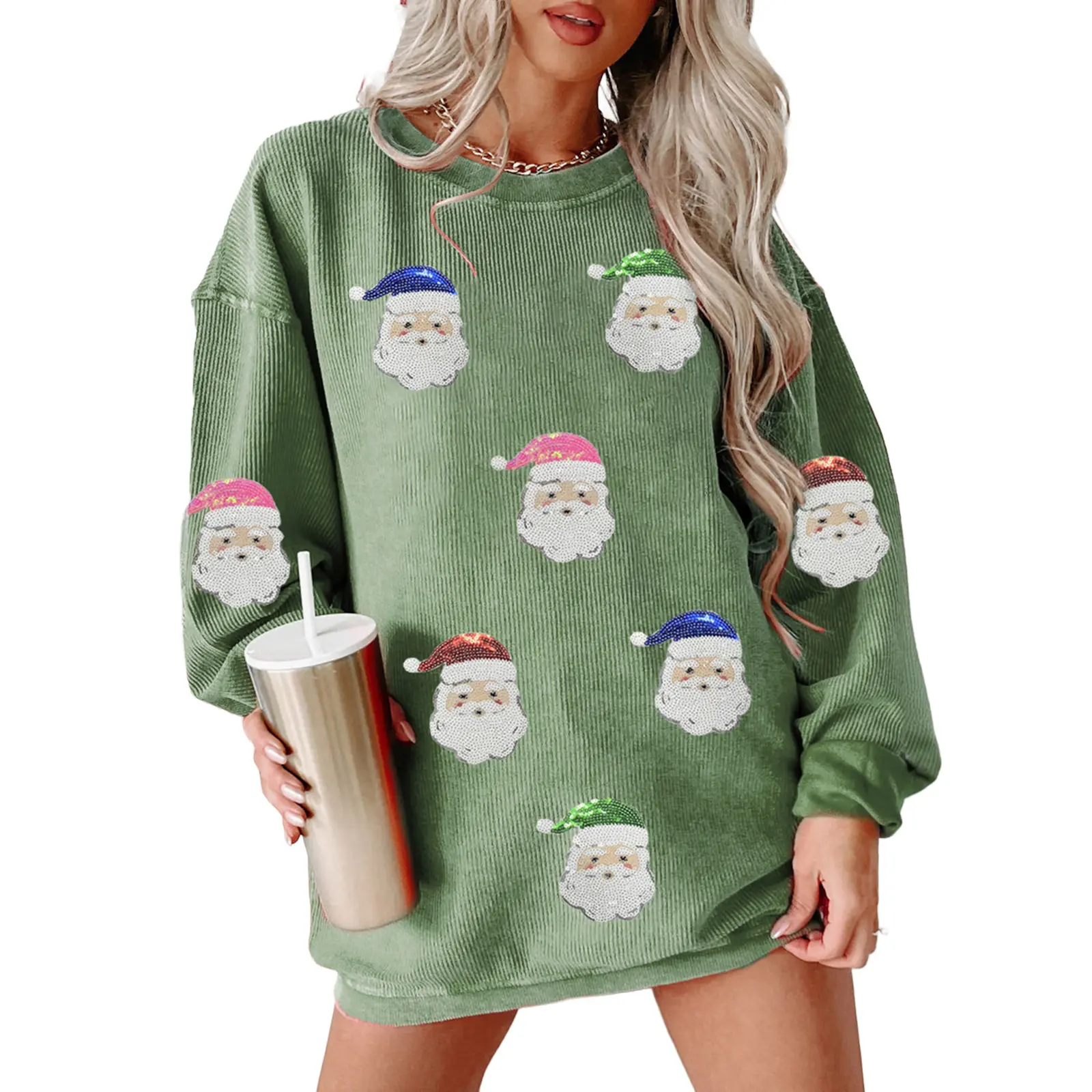 Znacicc Oversized Christmas Sweatshirt Gift for Women, Grass Green Corduroy Top with Sequined Santa Claus Graphics, Perfect for Holiday Parties & Family Photos,Winteroutfit
