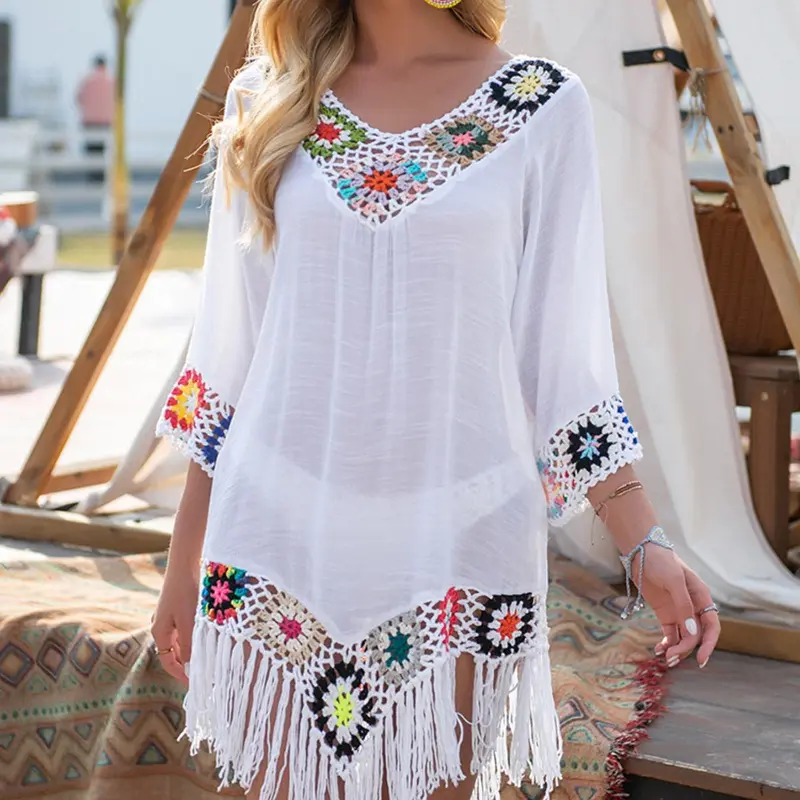 Women's Random Floral Print V Neck Cover Up, Comfort Basic Summer Clothes Women Boho Style 3/4 Sleeve Sheer Crochet Baggy Top for Women Summer Beach Holiday Vacation, Bathing Suit Cover Up, Beachwear Cover Up, Summer Coverup