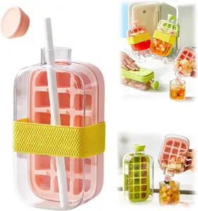 Ice Cube Bottle,2 in 1 Touch-Free Ice Cube Tray Water Bottle with Lid and Bin,Comes with Straw and Carrier,Perfect for Juice,Coffee,Soda and Other Beverages,Easy Press Ice Tray Water Bottle,Leak Proof Lid,Vertical Ice Maker for Freezer,Travel,Gym&Home Use