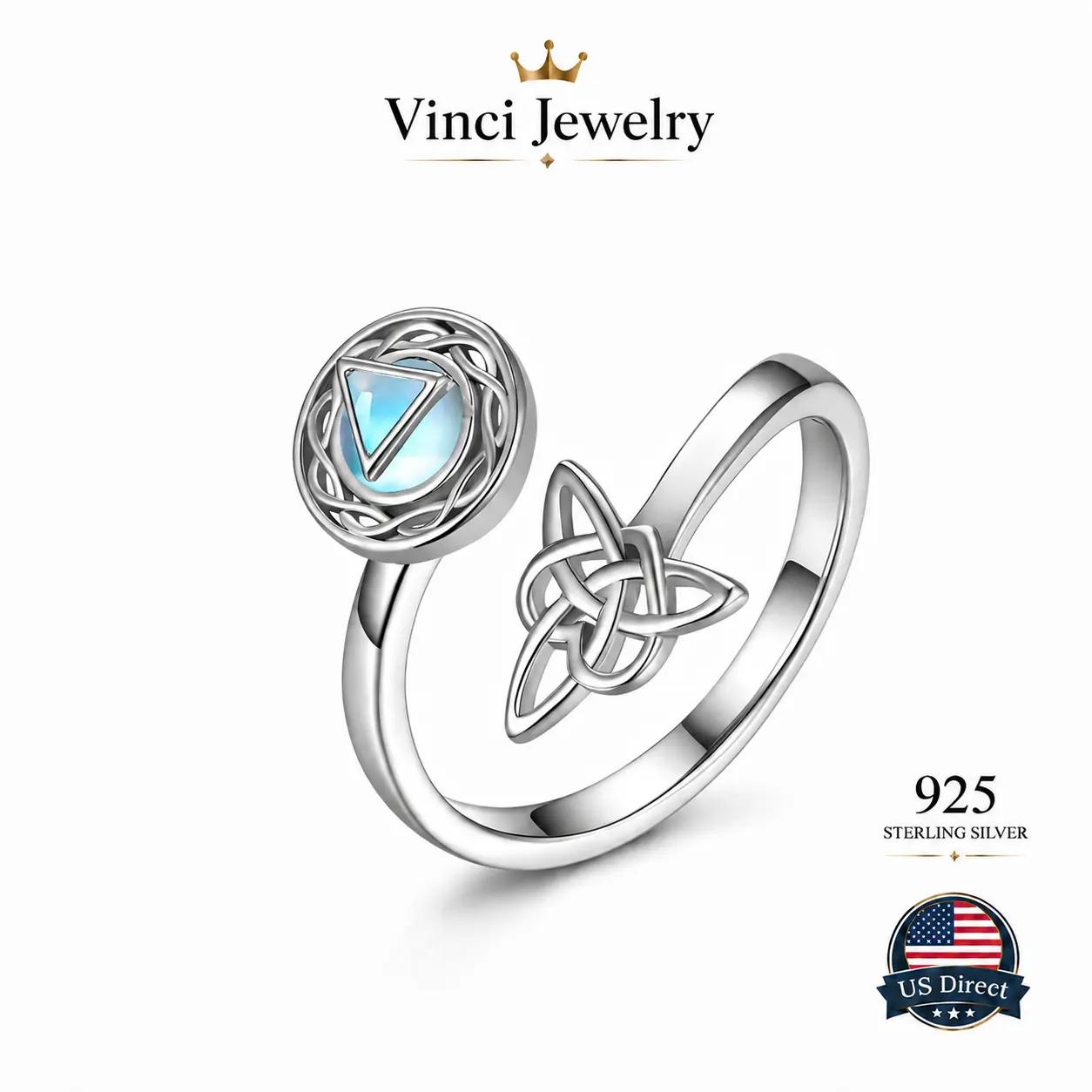 S925 Celtic Knot Synthetic Moonstone Sterling Silver Open Ring for Women Girls, Spiritual Growth And Enlightment Jewelry, Triple Moon Goddess Hecate Witch Knot, Pagan, Adjustable Ring, Protective Jewelry Gift for Mother's day, Daily Wearing