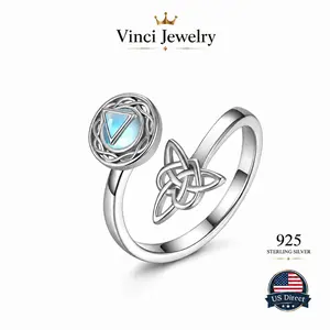 S925 Celtic Knot Synthetic Moonstone Sterling Silver Open Ring for Women Girls, Spiritual Growth And Enlightment Jewelry, Triple Moon Goddess Hecate Witch Knot, Pagan, Adjustable Ring, Protective Jewelry Gift for Mother's day, Daily Wearing