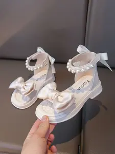 Girls' Sweet Princess Style Sandals, Satin Bowknot + Faux Pearl Ankle Strap, Soft Non-Slip Thick Sole, Magic Tape Design, Summer Wear