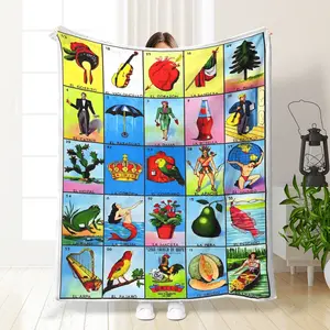 Mexican Loteria Card Flannel Blanket, Figure Print Blanket, Vibrant Cartoon Style Illustrations, Colorful Home Decor, All-Season Cover, Christmas Gift