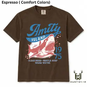 Comfort Colors Amity Island 1975 Shark Shirt, Vintage Jaws Inspired Beach Tee, Retro Shark Attack Graphic T-Shirt, Ocean Lover Summer Vacation Shirt, Coastal Surf Unisex Tee, Classic Movie Inspired Beachwear Gift
