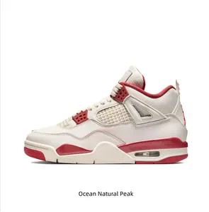 Retro Mid-Top Basketball Shoes in Pale Ivory Smooth Leather with Mesh Side Panels and Sierra Red Midsole and Outsole Accents