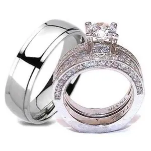 His & Hers CZ Wedding Ring Set Stainless Steel & Titanium Wedding Ring Set