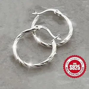 Luxurious S925 Sterling Silver Geometric Twist Circle Hoop Earrings - Minimalist Classic Style Jewelry with Timeless Appeal - Hypoallergenic, Nickel-Free, and Durable