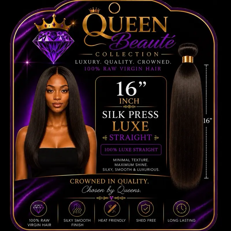 16” Silk Press Luxe Straight Bundle • Silken Soft Texture with Natural Luster • Tangle-Resistant & Minimal Shedding • Fully Customizable: Color, Curl & Heat Style • Rich, Full Density from Root to Tip • Exceptional Longevity with Proper