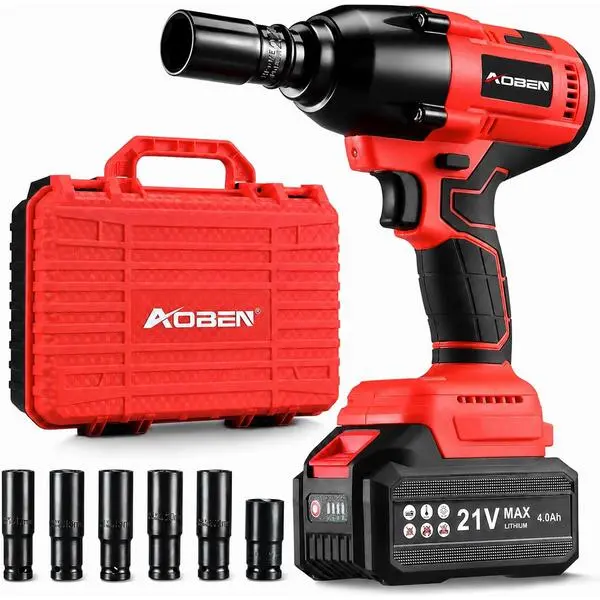 Cordless Impact Wrench 1/2 Inch, Power Impact Gun Kit, Max 600N. M/450Ft-lbs High Torque Electric Impact Driver for Car RV Tire, 4.0Ah Battery, Charger, 6 Sockets & Storage Tool Case