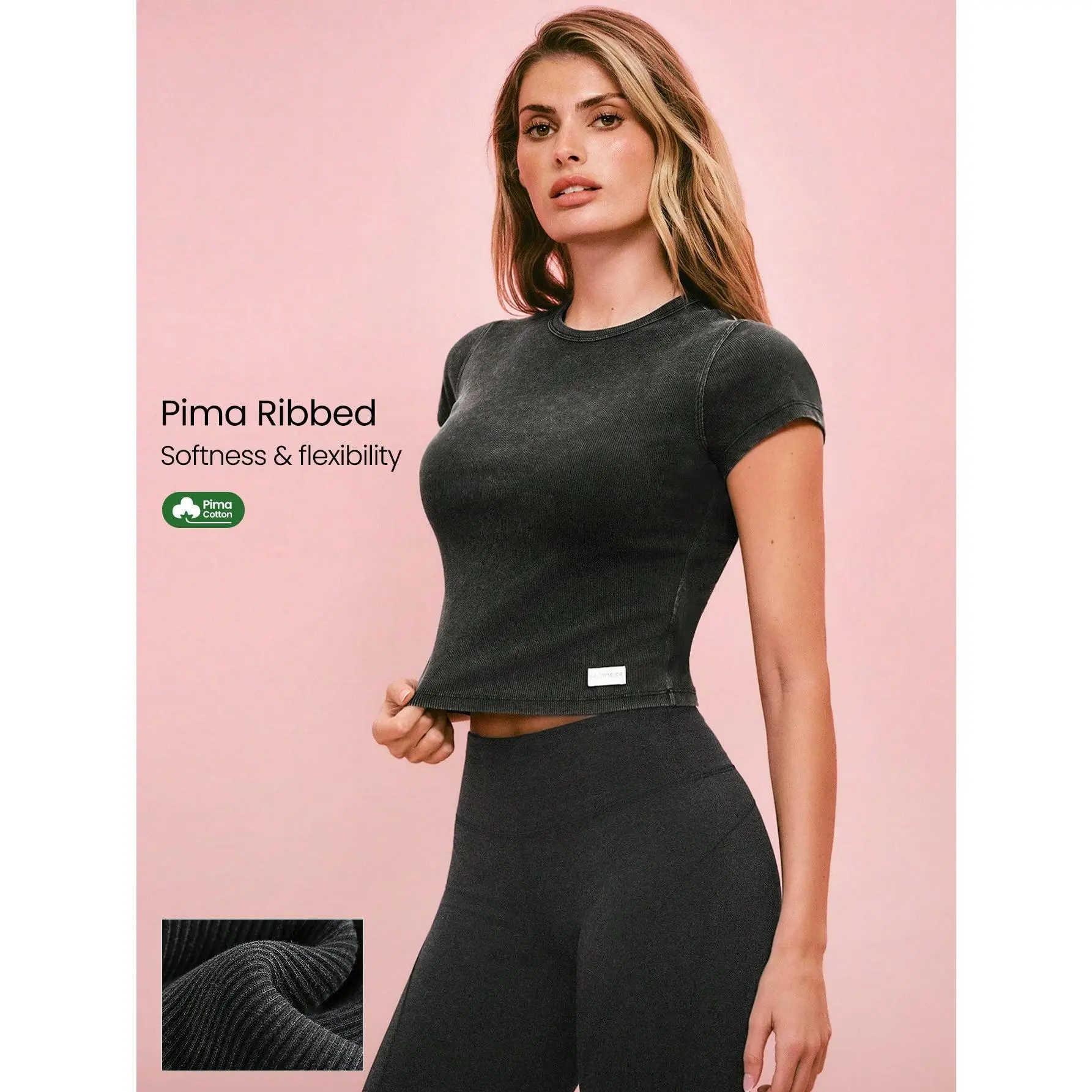 GLOWMODE Ribbed Pima Cotton Love All Day Ultra-Soft Breathable Lightweight Stretchy Waist Length Crewneck Tee Daily Casual Wear