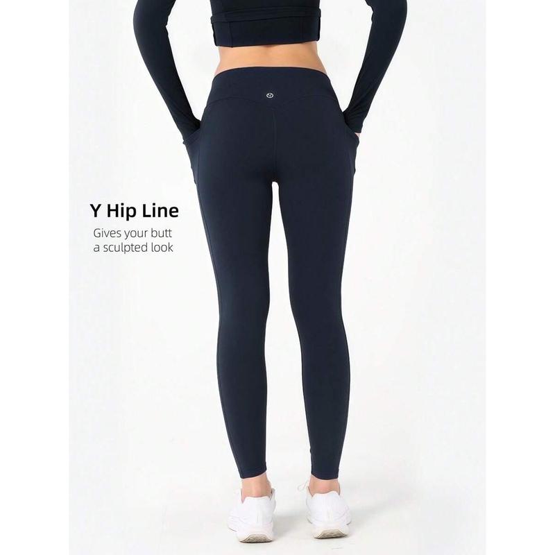 Women's V-Shaped Cross Waist High Waist Pocket Yoga Pants, Casual Solid Color Spandex Nylon Knitted Fabric, Soft And High Elasticityr