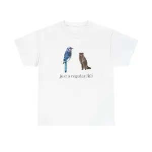 Lady's Short-Sleeve Round Neck Casual Streetwear Blue Jay and Raccoon T-Shirt - For Everyday Regular Life