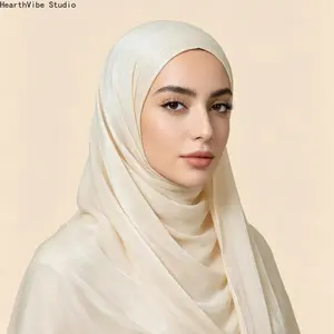 Elegant Cream Silk Shimmer Hijab - Luxury Satin Sheen Soft Headscarf, Premium Lightweight Breathable Muslim Women Shawl for Wedding, Eid & Formal Party Wear