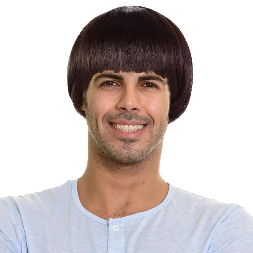 Short Mushroom Wig for Men-Synthetic 60s Bowl Cut Wigs for Anime Movie Music Costume Halloween Cosplay Party (Dark Brown) Beginner Friendly Wig