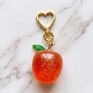 Limited Edition Glitter Orange Bag Charm | Sparkle Fruit Keychain with Gold Heart Clasp