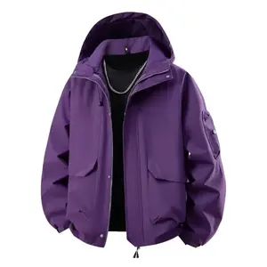 New Men's Outdoor Jacket Softshell Coat Mountaineering Clothing, Couple's Functional Workwear Pocket Hooded Jacket, Spring and Autumn Men's Casual Loose Versatile Youth Student Jacket, Waterproof Sun Protection Suitable for Outdoor Sports Softshell Coat