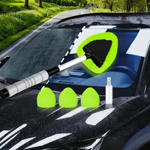 Windshield Cleaner Tool Car Window Cleaner with Extendable Handle 4 Reusable Washable Microfiber Pads 1 Empty Spray Bottle Auto Glass Wiper Kit for Truck SUV RV Home Office Green