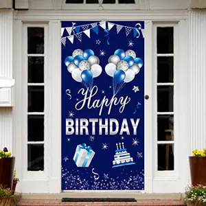 2D Flat Door Banner 1pc, Blue Silver Color Happy Birthday Decoration for Men, Party Supplies, 16th 21st 30th 40th 50th Birthdays