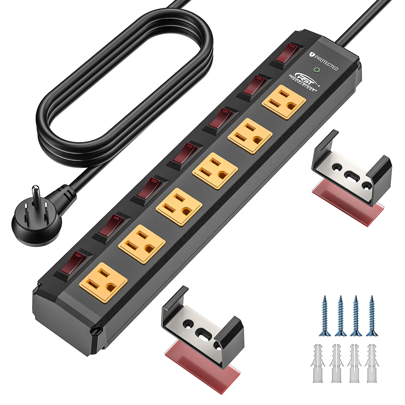 CRST 6-Outlet Metal Surge Protector Power Strip, Mountable Aluminium Alloy Socket with Individual Switches, 6FT Flat Plug Cord, 36-Month Warranty, Energy-Saving Home Electrical Accessories