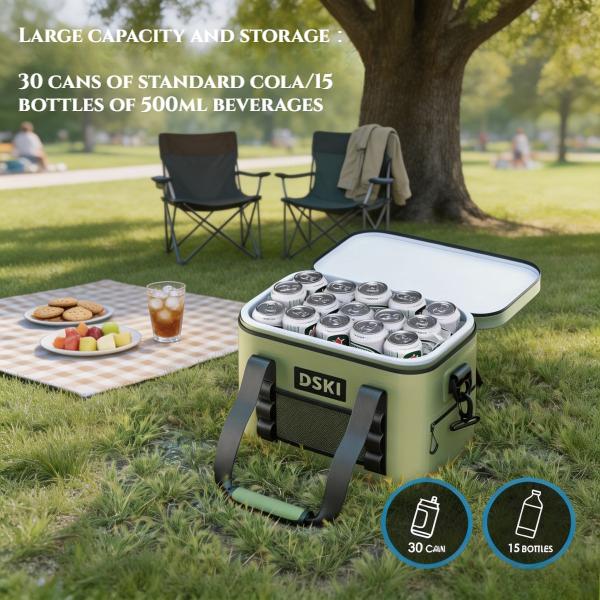 New outdoor cooler bag, lunch bag - grey/green, with insulation and refrigeration protection,large capacity of 30 cans/15 bottles, thick handle and adjustable shoulder strap,for party, camping, fishing, long-distance truck driver commuting, takeout etc.