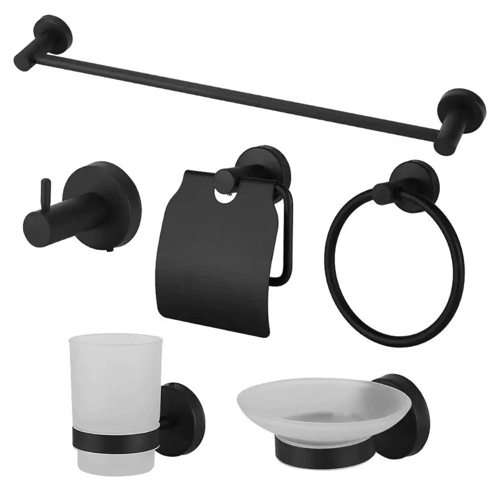 Black bathroom accessories set, 6-piece bathroom hardware set, stainless steel wall-mounted, 22.64-inch towel bar, towel ring, toilet paper holder, robe hook, cup, soap dish