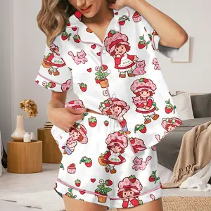 Strawberry Girl Pajama Set – Cute Retro Cartoon Short and Long Pajamas – Sweet Strawberry Sleepwear for Women