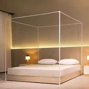 Queen Bed Frame - White Bed with Four Poster Frame, Net and Bed Curtains for Indoor or Play Tent