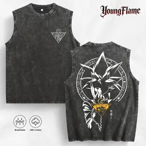 YoungFlame Men's Acid Wash Tank Top | Anime Millennium Graphic Tee | 100% Heavyweight Cotton Streetwear Vest | Vintage Dark Aesthetic Sleeveless Shirt Summer 2026 oversized outdoorfun short-sleeved t-shirt men