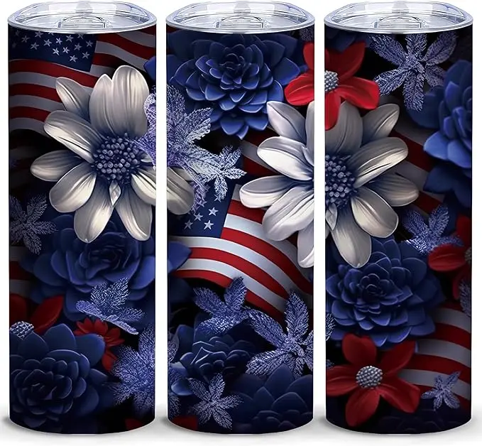 Fourth of July Skinny Tumblers, Lid Indigo Floral American Flag Tumbler, Gift for Friends