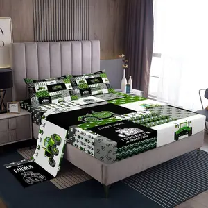Feelyou Cartoon Theme Tractor Pattern Bedsheet Sets - Breathable Durable Sheets for Kids, Green Bedding Set with Farm Tractor, Truck, Harvester, Excavator Designs