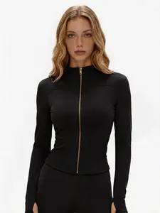 Golden Zip Women's Sport Jacket, Gold Zipper Slim Fit Long Sleeve Yoga Running Coat with Thumb Holes, Soft Skin-Friendly Cropped Athletic Top for Gym Casual