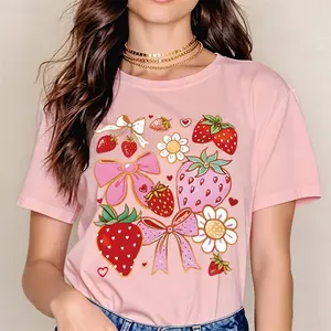 Cute And Sweet Style Women's T-Shirt Strawberry And Flower Print Summer Casual Wear For Girls And Women
