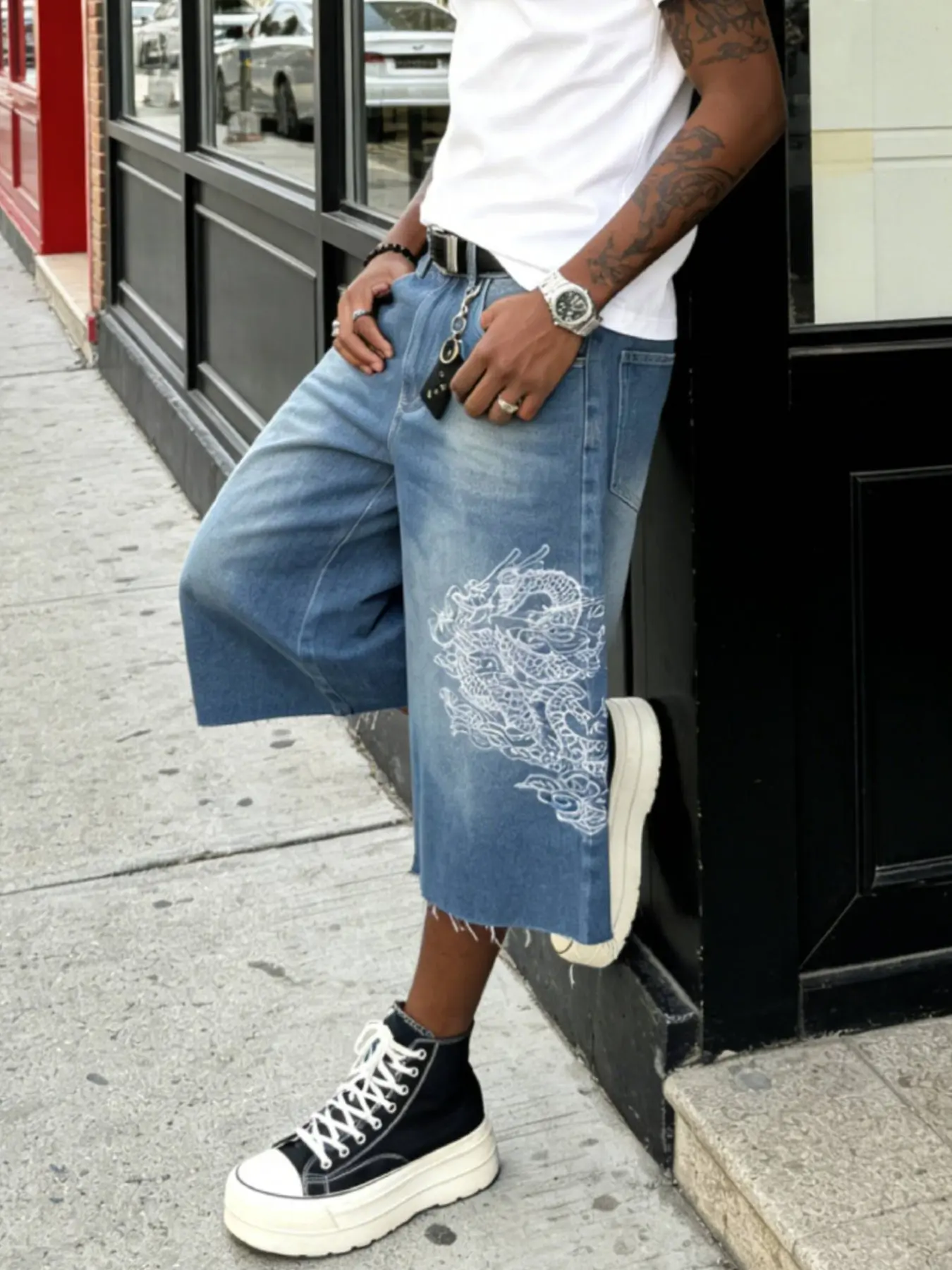 【激レア】PARTO SPORT JEANS 3ピース 豪華刺繍 ねずみ男 M Mens Jeans Shorts Capri Denim Japanese Pattern Embroidery Phoenix