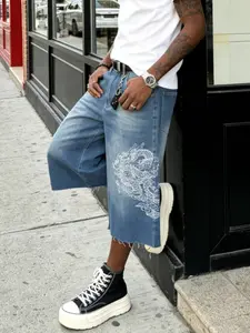 Men's Spring Summer New Dragon Embroidery Washed Denim Shorts, Casual Versatile Jeans Mid-Thigh Pants, Fashionable and Comfortable Streetwear, Menswear