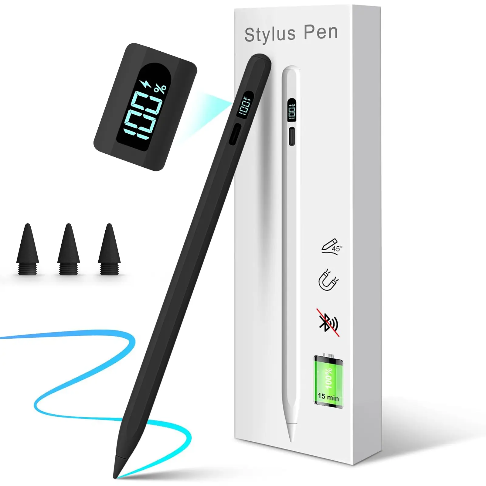 Elecomo Stylus Pen for iPad 10th/9th Gen – Black | LED Display, Fast Charge Apple Pencil iPad Pen, Palm Rejection & Tilt | Compatible with iPad 10/9/8/7/6, Pro 12.9"/11"/M4, Air 5/4/3/M2, Mini 6/5