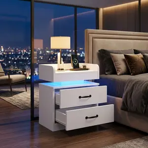 Modern LED Nightstand Set of 2 - Semi-Floating Bedside Table with 2 Large Storage Drawers, Multifunctional End Side Table with Ambient LED Light for Bedroom, Living Roo