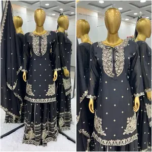 Women's Black Chinnon Silk Sharara Suit NSR-840 in Eid Collection with Heavy Faux Georgette Top & Dupatta, Comfortable Wear for Weddings - Cotton