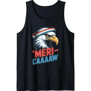Meri-caaaaw Funny Patriotic Eagle Sweatband Fitness Graphic Tank Top JL2