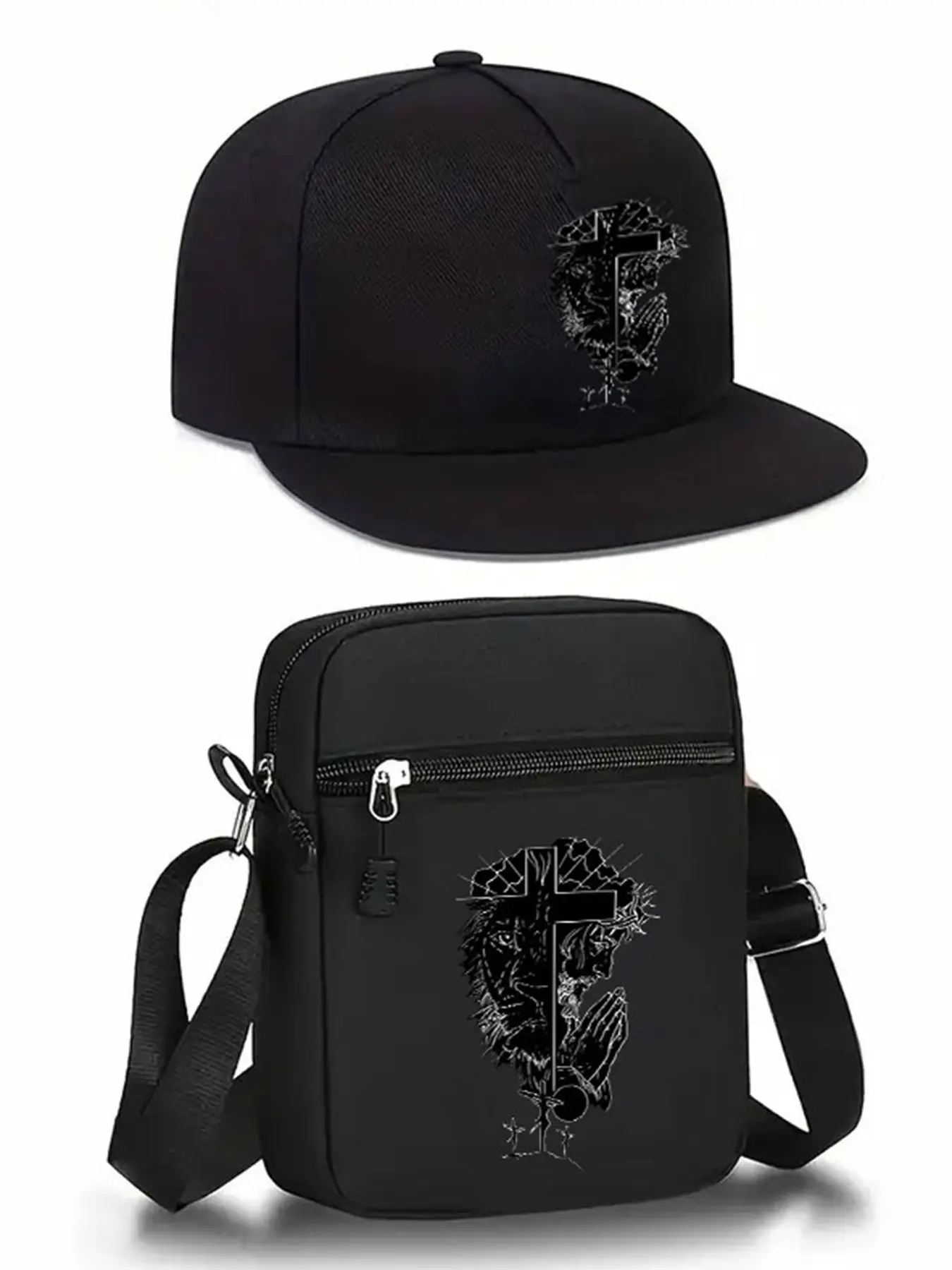 Religious Cross Print Set, Unisex Flat Brim Hip Hop Baseball Cap and Shoulder Bag, Street Fashion Outdoor Sports Hat, Adjustable, All Seasons