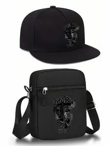 Religious Cross Print Unisex Flat Brim Baseball Cap, Graphic Trucker Hat & Shoulder Bag Set, Street Style Outdoor Sports Hat, Adjustable Fit, Perfect Gift