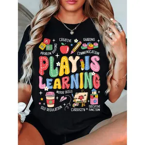 [Playful Teacher Tee] Vibrant Educational Play Is Learning Teacher T-Shirt | Breathable Summer Casual Tee, Machine Washable Round Neck Top for Educators, Back to Gift for Teachers, Teacher Shirt, Casual Wear, Playful Design, Mediu