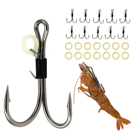VENSE 10Pcs Live Shrimp Double Hooks Carbon Steel 3X Strong Fishing Hook Saltwater & Freshwater with O-Rings for Enhanced Catching Efficiency