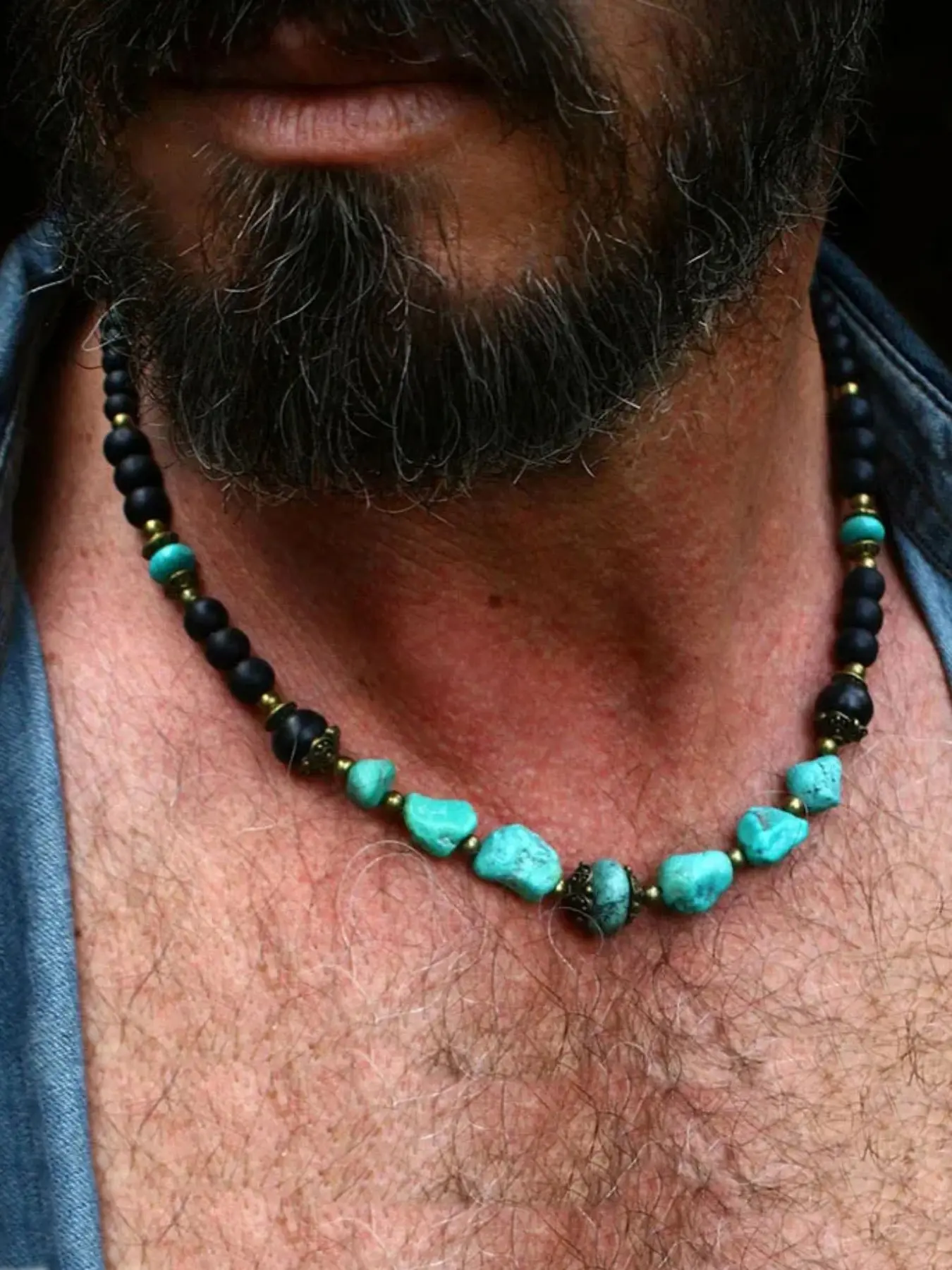 Men's Turquoise Necklace, Handmade Punk Necklace, European and American Stone Necklace, Unique Design, Hip Hop Necklace, Chunky Chain Necklace, Men Jewelry