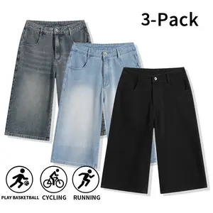 Summer vibe 3-piece set for men: wide-leg denim shorts (7/8 length), retro washed knee-length denim shorts, suitable for sports and everyday wear